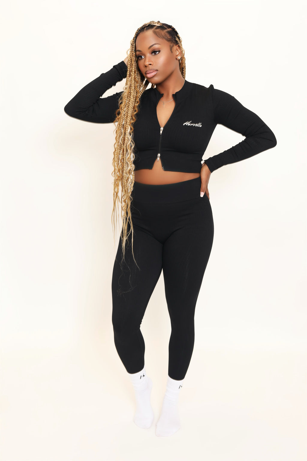 Black Ribbed Zipper Crop Top