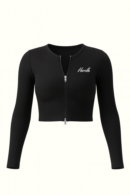 Black Ribbed Zipper Crop Top